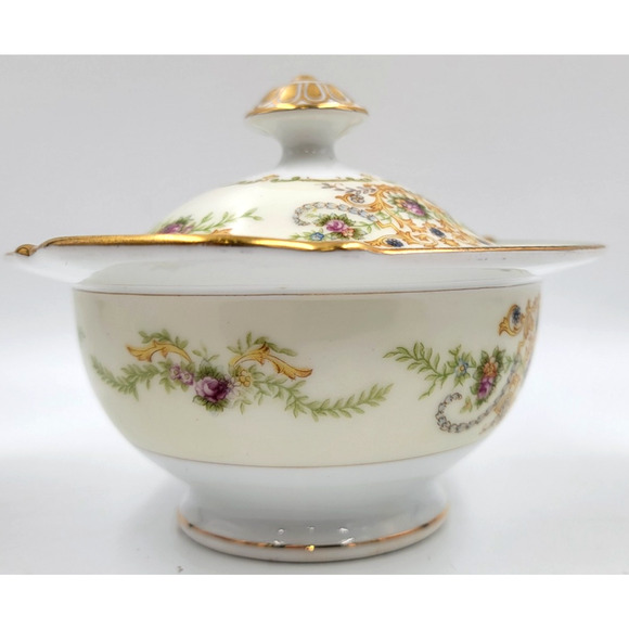 P. B. Charm Footed Sugar Bowl Japan Floral Scroll Gold Green Trim 1950 -1960s - Picture 3 of 9